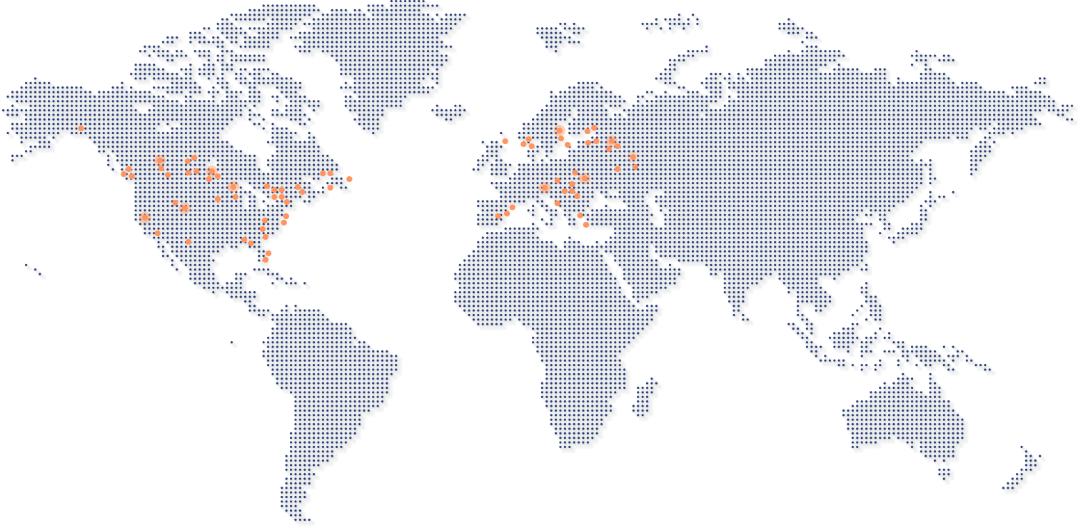 Map of Fannex partner locations, highlighting the widespread use of our fan engagement tools in stadiums and arenas.