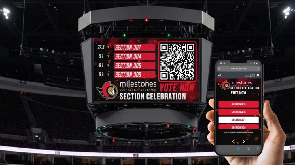 Close-up of a mobile phone displaying a Fannex-powered game for Ottawa Senators fans, showcasing real-time fan engagement software.