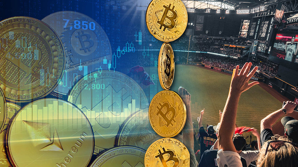 Crypto Coins overlaid on photo of sports stadium fans enjoying game 